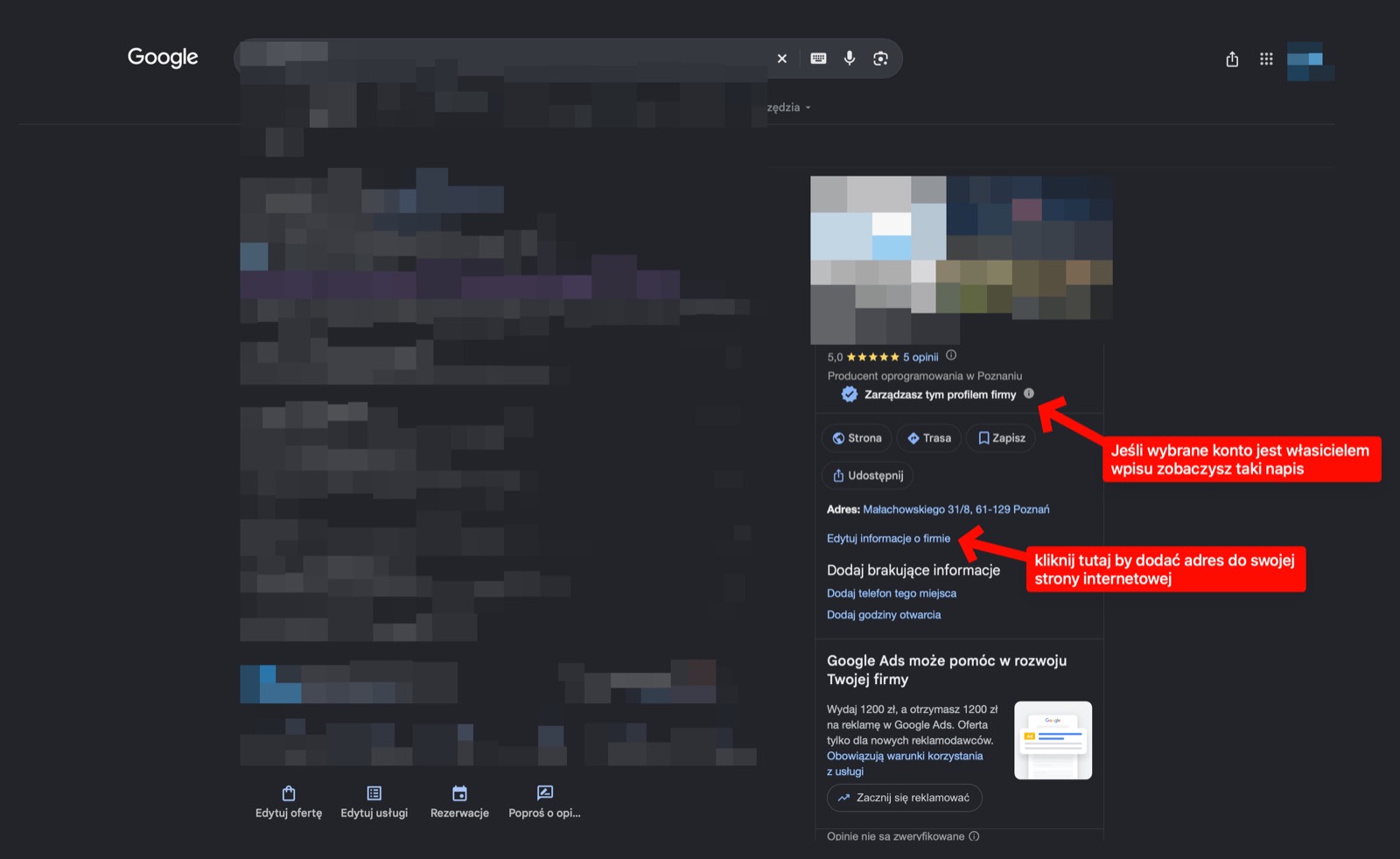Wyniki wyszukiwania Google z wizytówką firmy: napis „Zarządzasz tym profilem firmy” i link „Edytuj informacje o firmie” pod adresem